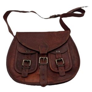 Unbranded Brown Leather Buckle Crossbody Round Saddle Hobo Bag